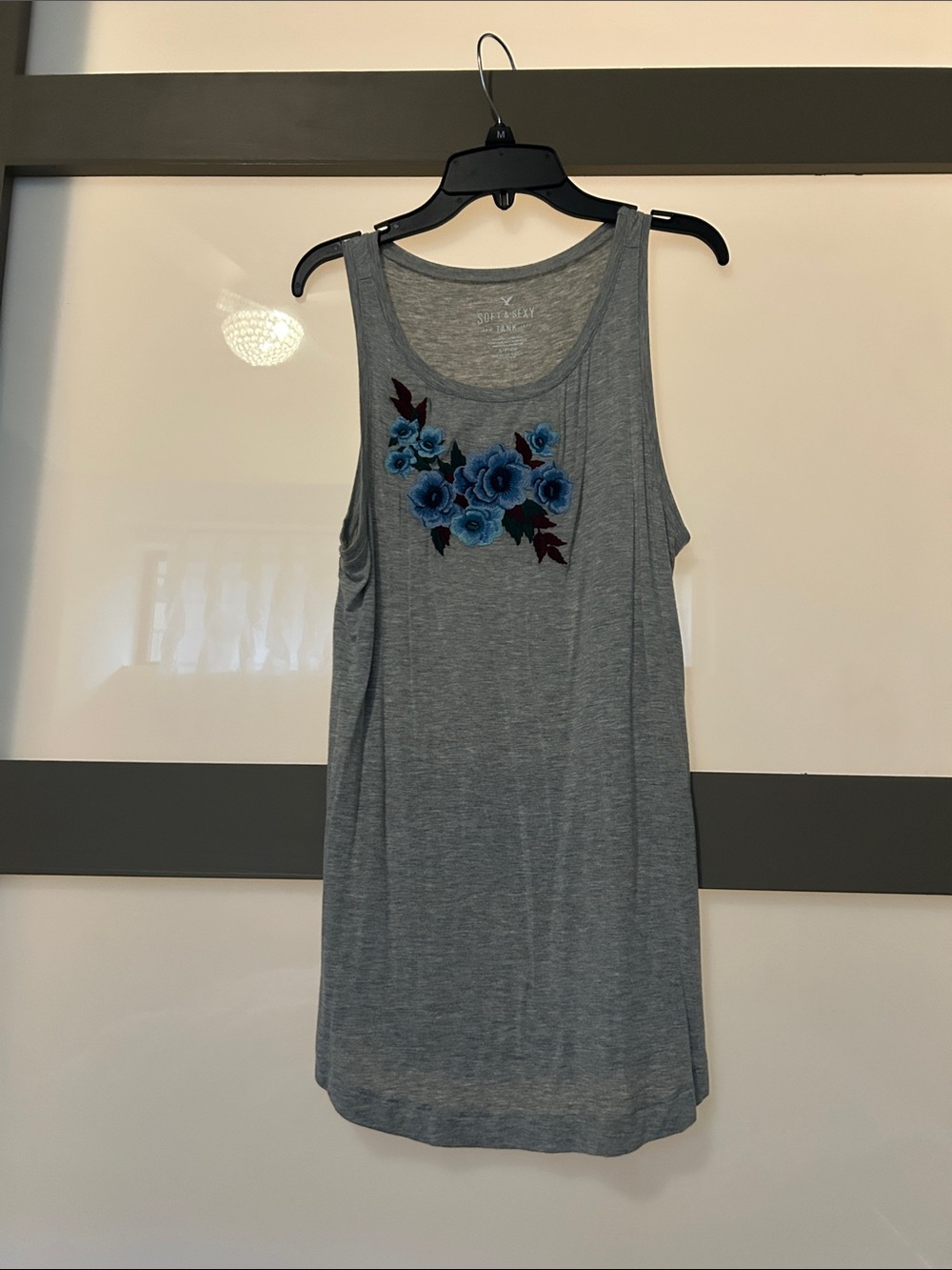 American Eagle Outfitters Gray Tank Top with Blue Floral Embroidery